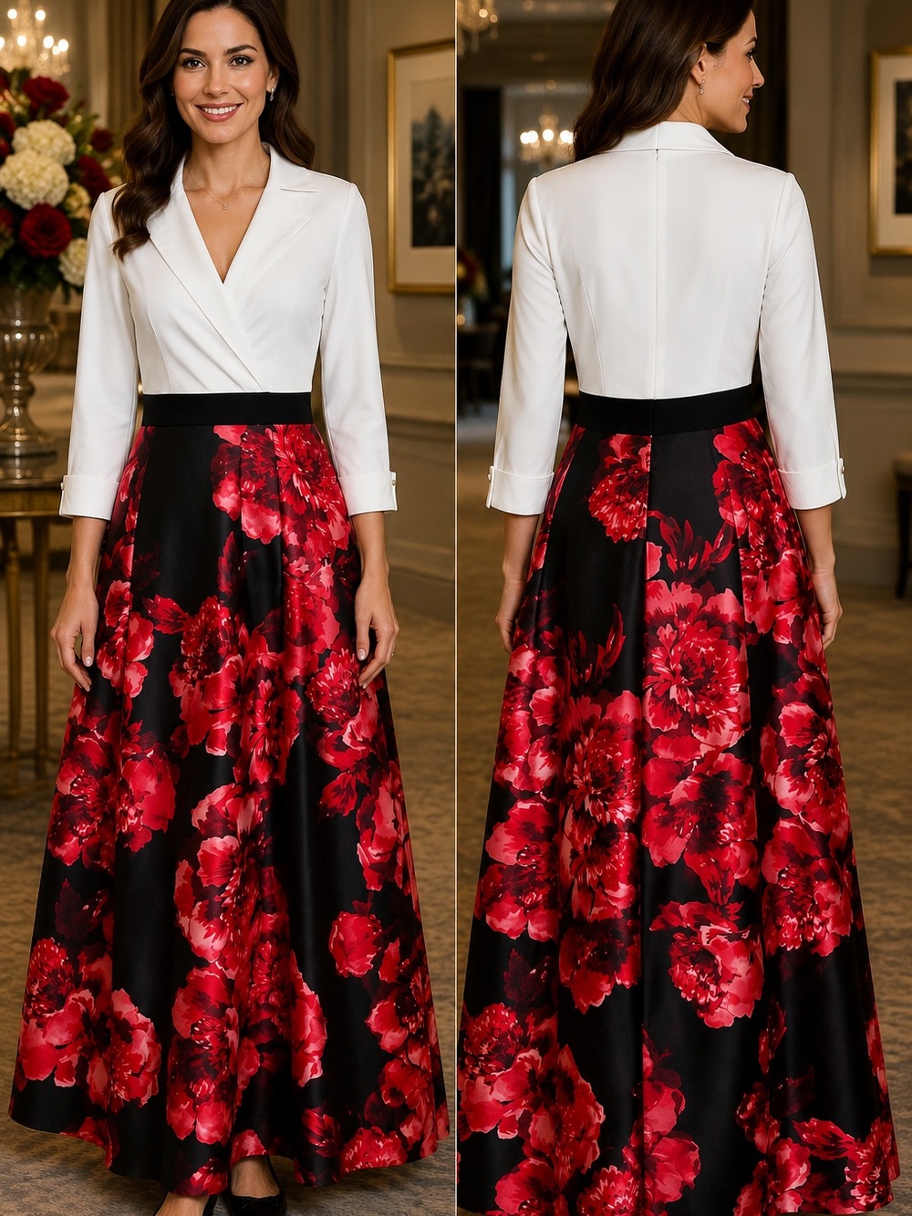 White Wrap Bodice Maxi Dress with Red Floral Black Skirt NWT - Picture 14 of 16
